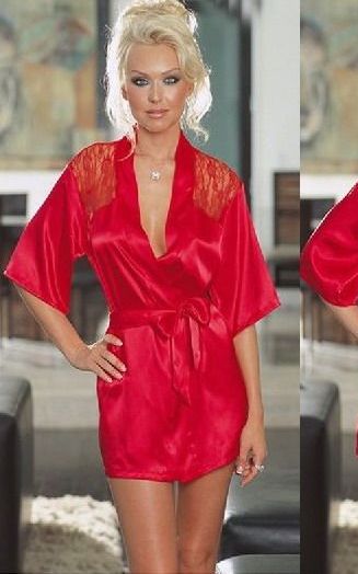 Sexy RED Satin Lace Lingerie Sleepwear Robes Night Gown Nightwear